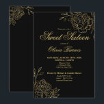 Sweet 16 Black and Gold Line Blume Flora Einladung<br><div class="desc">Black and Gold Sweet 16 Einladung mit eleganten,  skizzierten Blume. Das schicke Blumendesign zeichnet sich durch feine botanische Linienzeichnungen von Blume und Blätter in Gold sowie durch klassische Schriftzeichen-Typografie aus.</div>