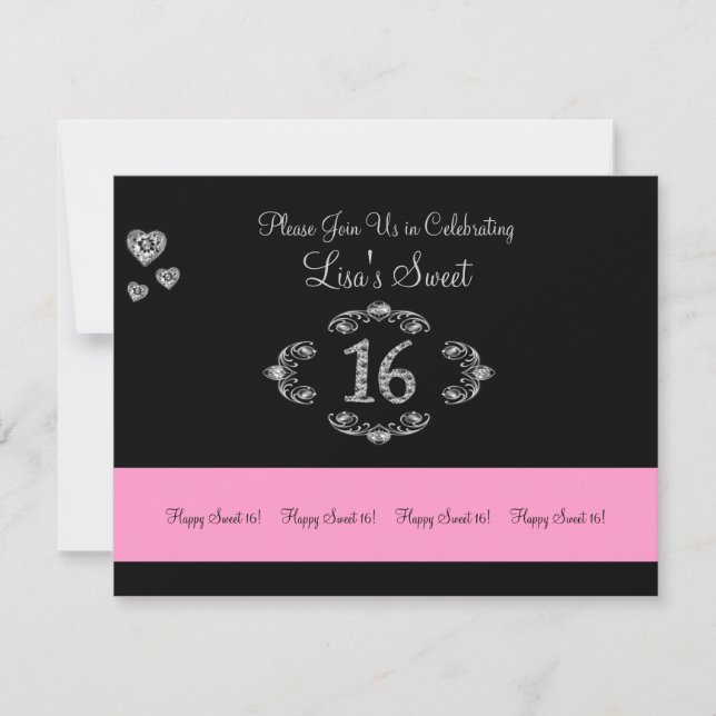 Sweet 16 Black and Silver Birthday Einladung (Vorderseite)