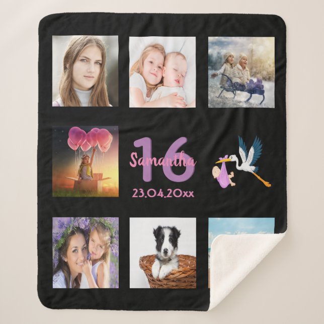 Sweet 16 Black Foto Collage Name Girl Sherpadecke (Vorderseite)