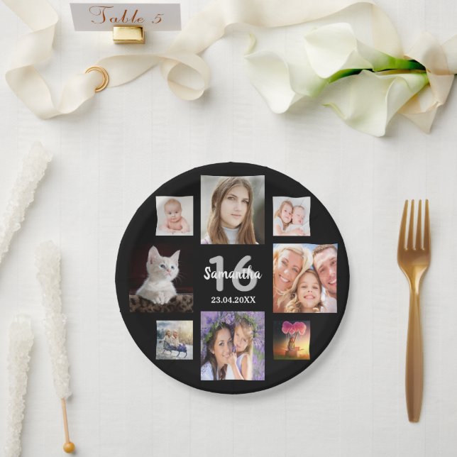 Sweet 16 Black Foto Collage Pappteller (Hochzeit)