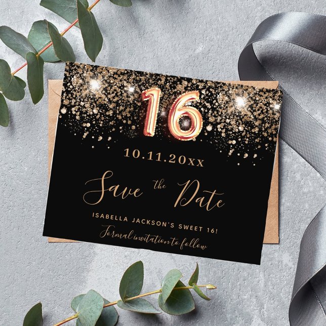 Sweet 16 Black Glitzer Haushalt Save the Date Flyer (Von Creator hochgeladen)