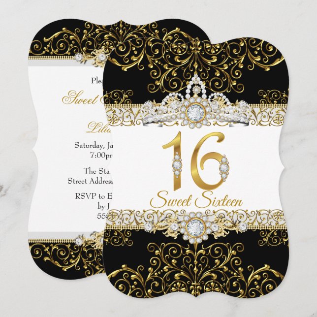 Sweet 16 Black Gold Diamond Glamour Geburtstag Einladung (Vorne/Hinten)