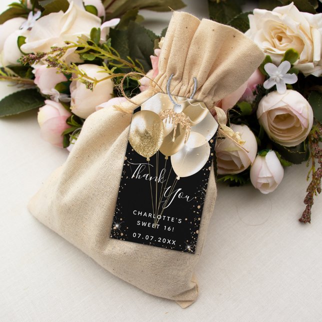 Sweet 16 Black Gold Glitzer Ballon vielen Dank Geschenkanhänger (Von Creator hochgeladen)