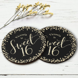 Sweet 16 Black Gold Glitzer Confetti Chic Geburtst Runder Pappuntersetzer