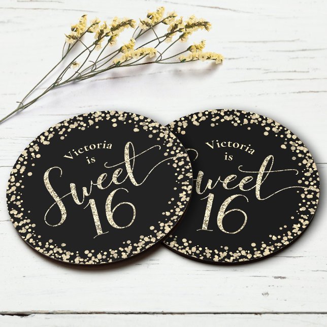 Sweet 16 Black Gold Glitzer Confetti Chic Geburtst Runder Pappuntersetzer (Von Creator hochgeladen)