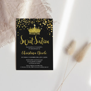 Sweet 16 Black Gold Glitzer Confetti Crown Einladung