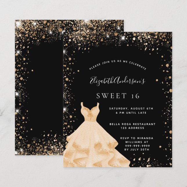 Sweet 16 Black Gold Glitzer Einladung (Vorne/Hinten)