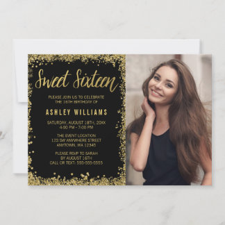 Sweet 16 Black Gold Glitzer Geburtstag Einladung