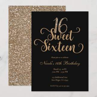 Sweet 16 Black & Gold Glitzer Geburtstagsparty Einladung
