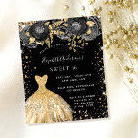 Sweet 16 Black Gold Kleid Blumenzettel Flyer<br><div class="desc">Bitte beachten Sie, dass diese Einladung auf Flyer Papier und sehr dünn ist. Umschläge sind nicht enthalten. Für dickere Einladungen (gleiche Gestaltung) besuchen Sie bitte unseren Shop. Eine moderne, stilvolle und glamouröse Einladung zu einer Sweet 16. Geburtstagsfeier. Ein schwarzer Hintergrund mit Imitaten goldenen Glitzer Staub, ein Kleid und schwarz-goldene Rose,...</div>