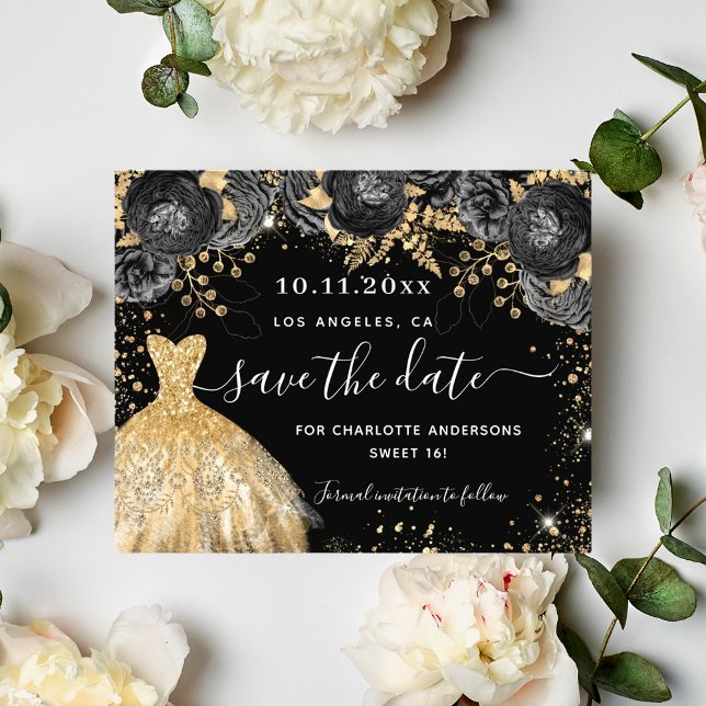 Sweet 16 Black Gold Kleid Budget Save the Date Flyer (Von Creator hochgeladen)