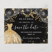 Sweet 16 Black Gold Kleid Save the Date Karte