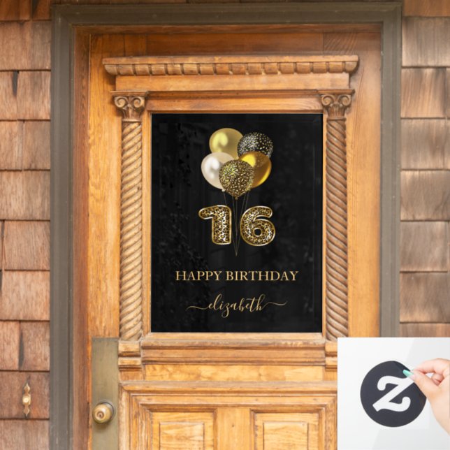 Sweet 16 Black Gold Leopard Namenskript Fensteraufkleber (Haustür)
