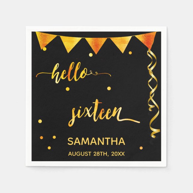 Sweet 16 black gold name Party Serviette (Vorderseite)