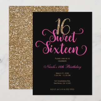 Sweet 16 Black Hot Pink Gold Glitzer Geburtstag Einladung