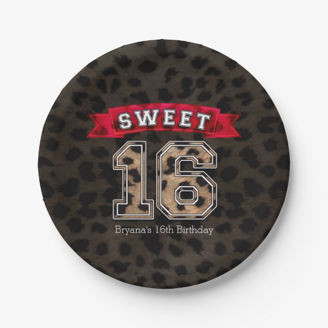 Sweet 16 Black Leopard Print Party Pappteller (Vorderseite)