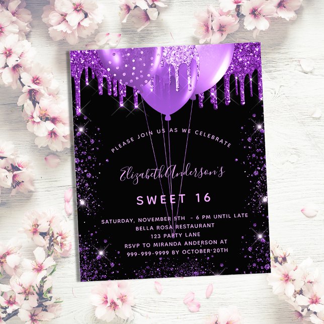 Sweet 16 Black lila Glitzer Haushaltsausschreibung Flyer (Von Creator hochgeladen)