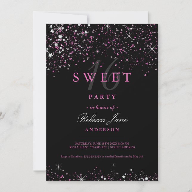 Sweet 16 Black Pink Sparkle Glitzer Einladung (Vorderseite)
