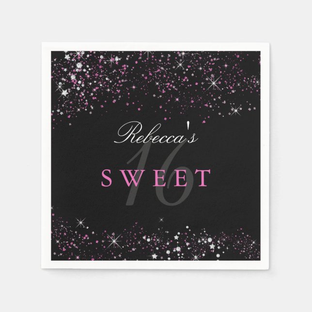 Sweet 16 Black Pink Sparkle Glitzer Napkins Serviette (Vorderseite)