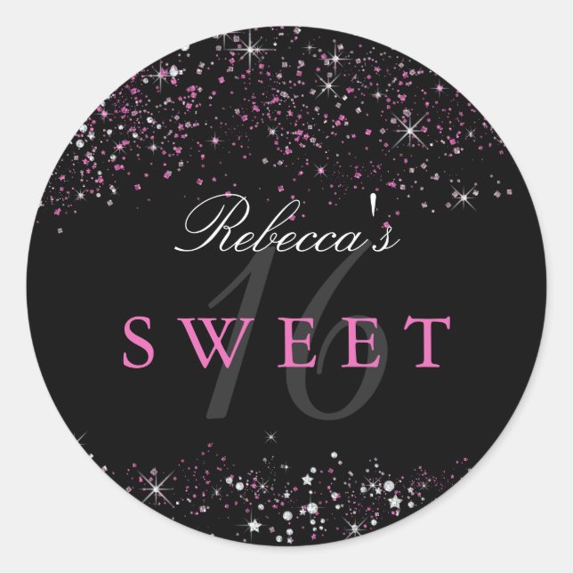 Sweet 16 Black Pink Sparkle Glitzer Sticker (Vorderseite)