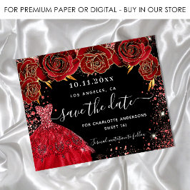 Sweet 16 Black Red Dress Budget Save the Date Flyer