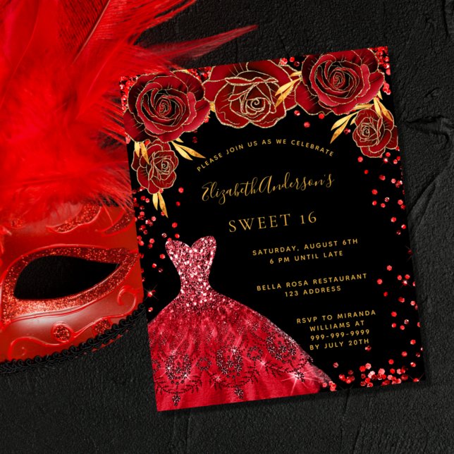 Sweet 16 Black Red Dress Einladung Flyer (Von Creator hochgeladen)