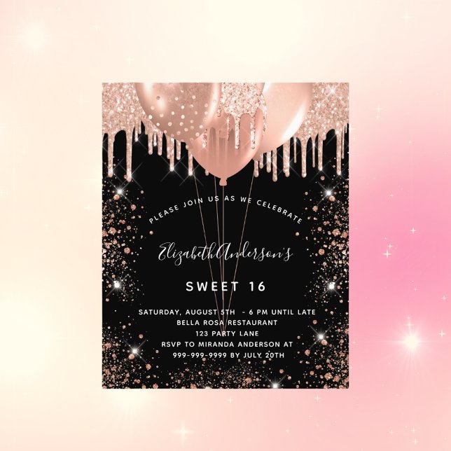 Sweet 16 Black Rose Gold Glitzer Einladung Flyer (Von Creator hochgeladen)