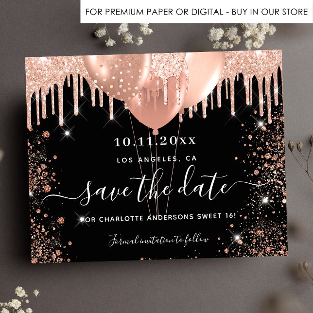Sweet 16 Black Rose Gold Haushalt Save the Date Flyer (Von Creator hochgeladen)