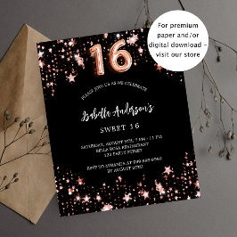 Sweet 16 Black Rose Gold Stars Einladung Flyer