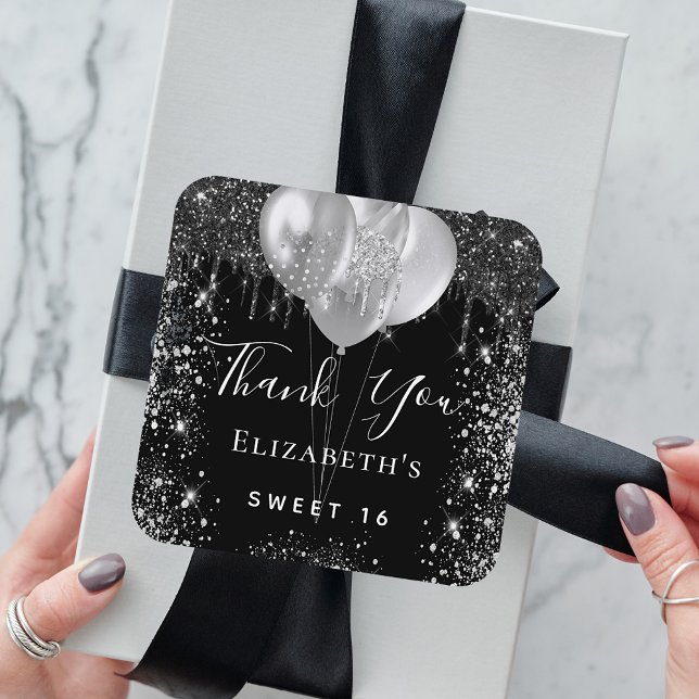 Sweet 16 Black silber Glitzer Name Vielen Dank Runder Aufkleber (Von Creator hochgeladen)