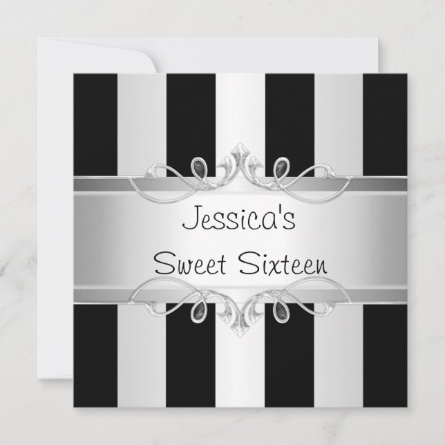 Sweet 16 Black & Silver Stripe Jewel Party Einladung (Vorderseite)
