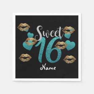 Sweet 16 Black Turquoise Gold Glitzer Napkins Serviette