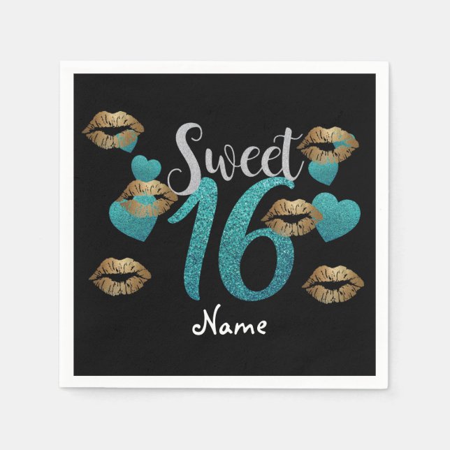 Sweet 16 Black Turquoise Gold Glitzer Napkins Serviette (Vorderseite)