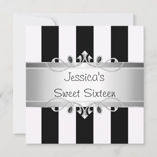 Sweet 16 Black & White Stripes Silver Jewel Party Einladung (Vorderseite)