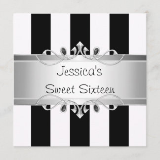 Sweet 16 Black & White Stripes Silver Jewel Party Einladung