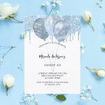 Sweet 16 blauen Ballons Glitzer Tropfen Einladungspostkarte<br><div class="desc">Ein weißer Hintergrund. Dekoriert mit hellblauen Imitate Glitzer Tropfen,  Farbe Tropflook und Ballons. Personalisieren und einen Namen und Party Details.</div>