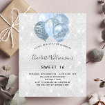 Sweet 16 blauen Glitzer Ballons Einladung<br><div class="desc">Für einen eleganten Sweet 16,  16. Geburtstag. Ein Imitat silber metallisch aussehender Hintergrund. Dekoriert mit Imitaten silberner Glitzer Staub und blauen Ballons. Personalisieren und fügen Sie Namen,  Alter und Party Details hinzu. Der Name wird mit einem handgeschriebenen Stilskript geschrieben</div>