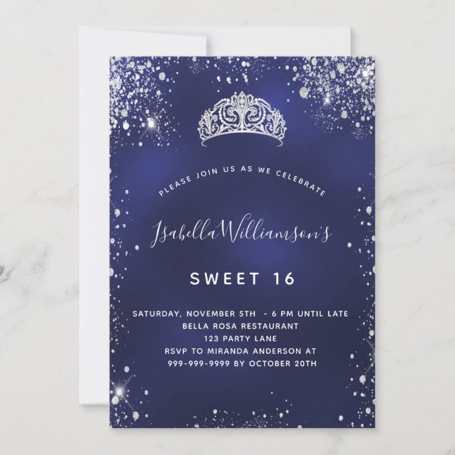 Sweet 16 blauen Glitzer Glitzern tiara Krone Einladung (Vorderseite)