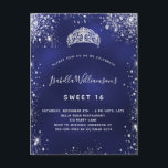 Sweet 16 blauen Glitzer Staub Tiara Krone Einladungspostkarte<br><div class="desc">Für einen eleganten Sweet 16,  16. Geburtstag. Eine blaue Hintergrundfarbe,  die blaue Farbe ist ungleichmäßig. Dekoriert mit Imitaten silbernen Glitzer Staub und ein Tiara,  Krone. Personalisieren und fügen Sie Namen,  Alter und Party Details hinzu. Der Name wird mit einem handgeschriebenen Stilskript geschrieben</div>
