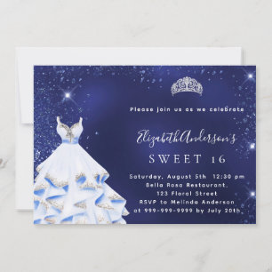 Sweet 16 blauen silbernen Glitzer Kleid tiara Einladung