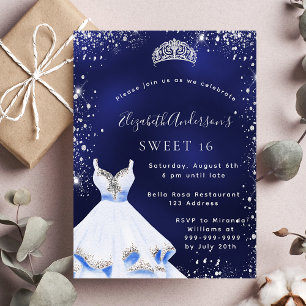 Sweet 16 blauen silbernen Glitzer Kleid tiara glam Einladungspostkarte