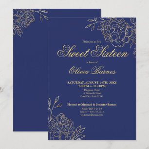 Sweet 16 Blue and Gold Line Art Blume Blumenstrauß Einladung