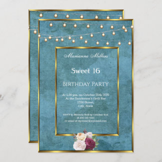 Sweet 16 Blue Aquamarin Gold Fairy Lights Rose Einladung