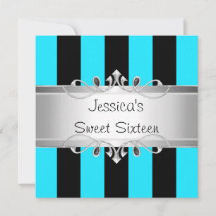 Sweet 16 Blue Black Stripes Silver Jewel Party Einladung