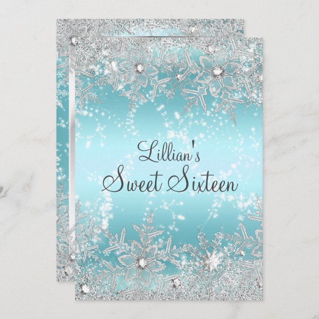 Sweet 16 Blue Diamond Snowflake Winter Wonderland Einladung (Vorne/Hinten)