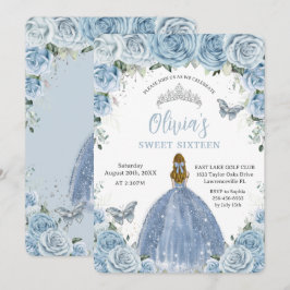 Sweet 16 Blue Floral Silver Butterflies Blonde Einladung