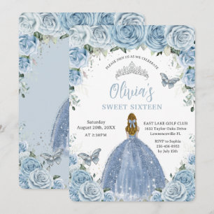 Sweet 16 Blue Floral Silver Butterflies Blonde Einladung