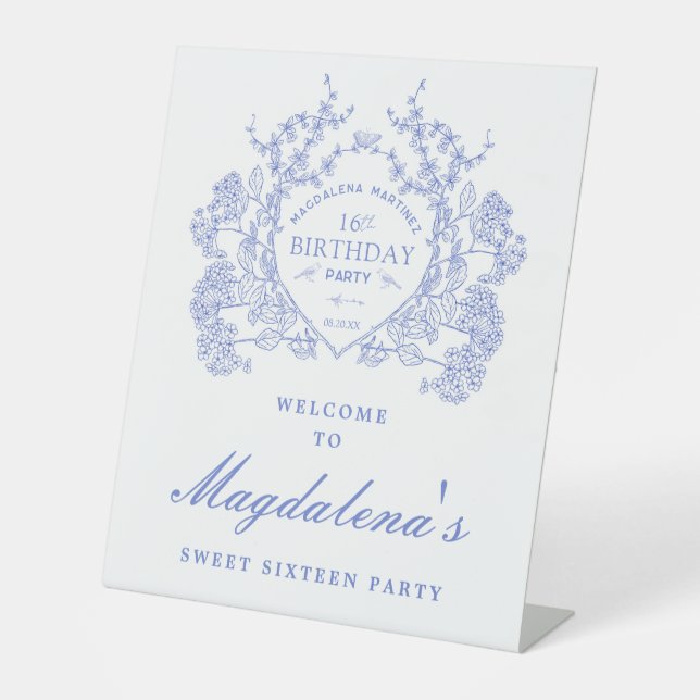 Sweet 16 Blue Floral Wappen Willkommen Sockelschild (Vorderseite)