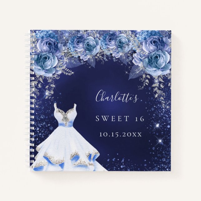 Sweet 16 blue Glitzer Kleid Blumengarten Notizbuch (Vorderseite)