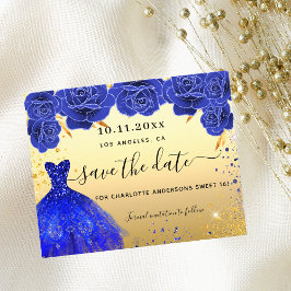 Sweet 16 blue gold dress budget Save the Date
